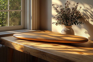 Beautiful wooden serving board on a, a Photo by Tanuart