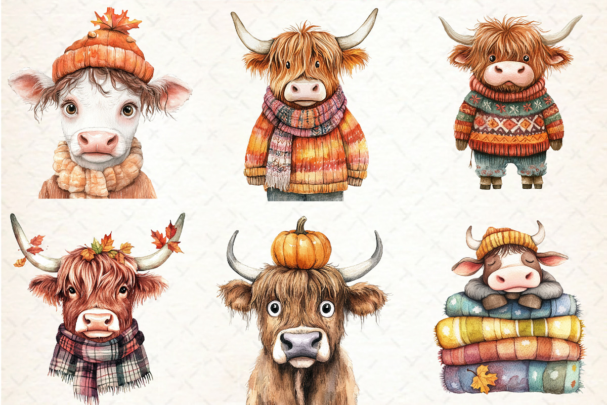 Autumn Funny Highland Cow Clipart, an Illustration by Libby Wishes (Photo 4 of 5)