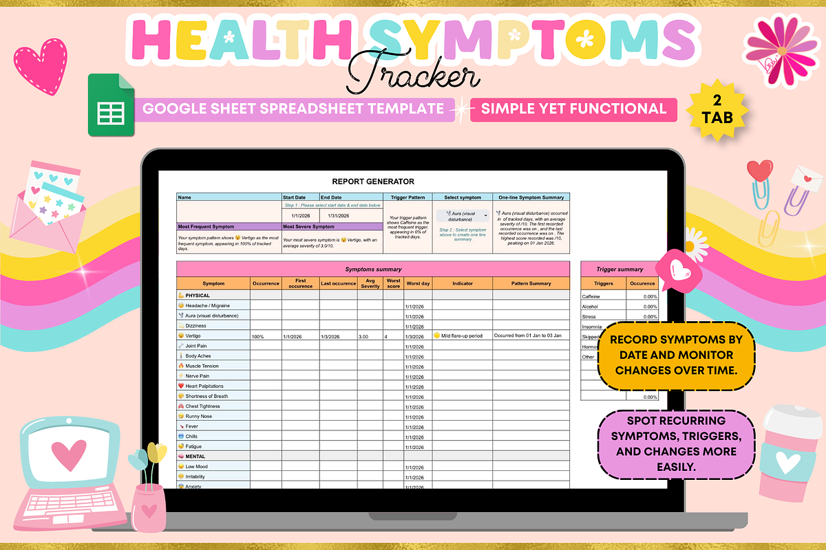 Health Symptoms Tracker Google Sheet, a Stationery Template by bellaROSEworkshop (Photo 3 of 5)