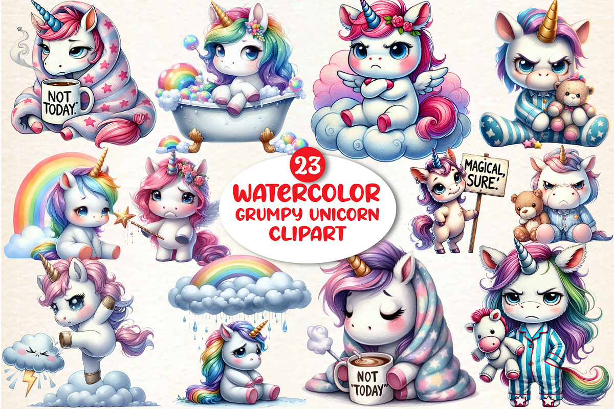 Grumpy Unicorn Sublimation Clipart, a Seasonal Illustration by DreamArtGraphic (Photo 1 of 5)