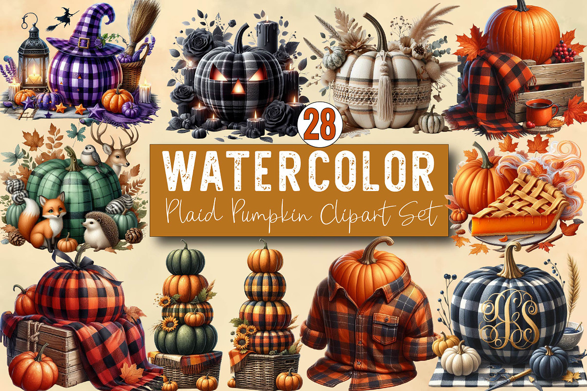 Plaid Pumpkin Clipart Set  Sublimat, an Illustration by SVGArt (Photo 1 of 8)
