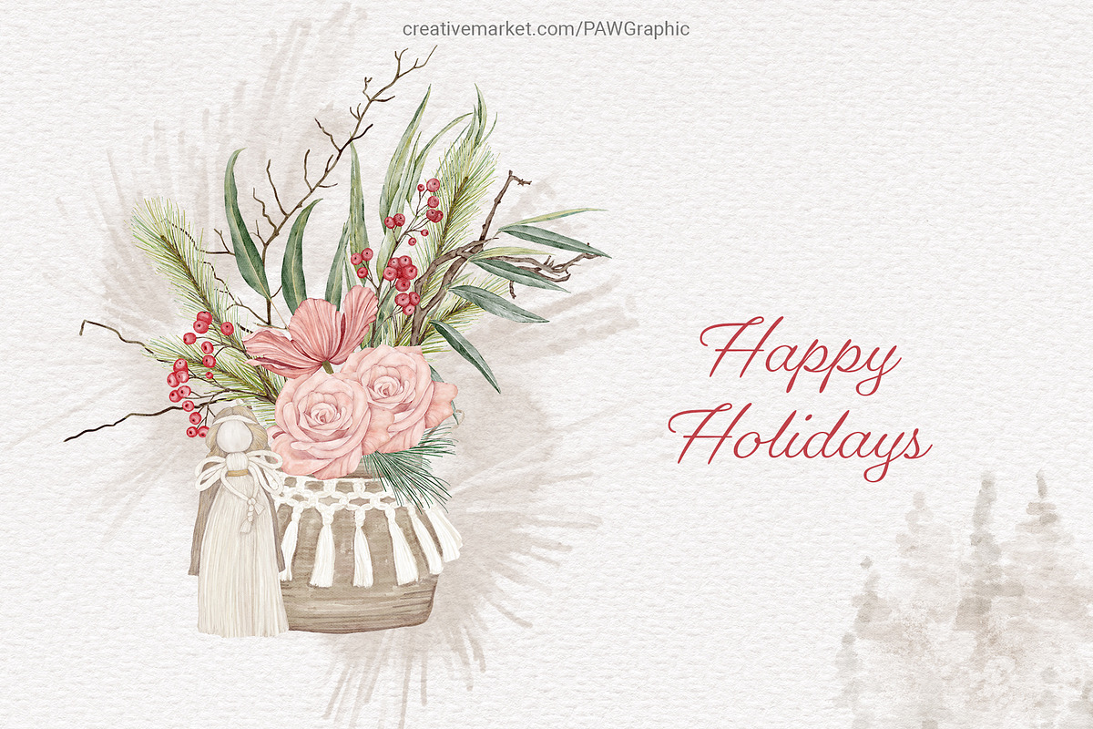 Christmas Boho Cards Bouquets Wreath, an Illustration by PawGraphic (Photo 9 of 10)