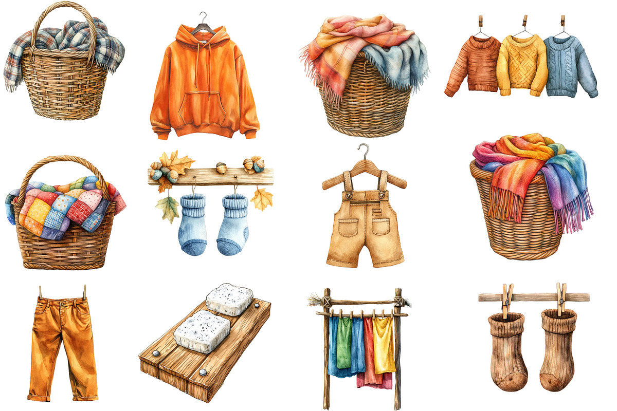 Watercolor Autumn Laundry Clipart, an Illustration by Designworld (Photo 2 of 6)