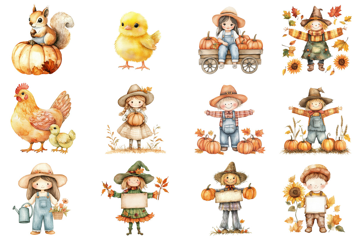 Watercolor Scarecrow Clipart Set, an Illustration by CitraGraphics (Photo 2 of 5)