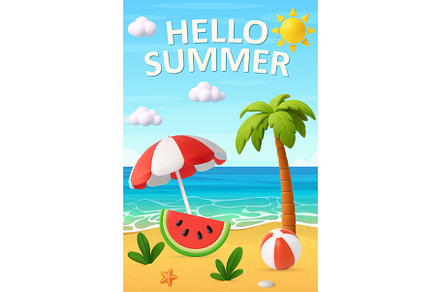 3d Cartoon Beach Scene with Hello