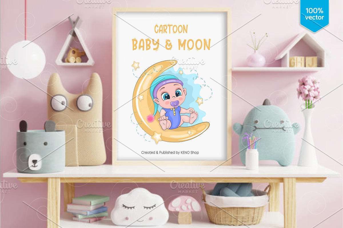 Cartoon Baby & Moon. Tshirt, PNG., a Person Illustration by KENO Mascots (Photo 3 of 4)