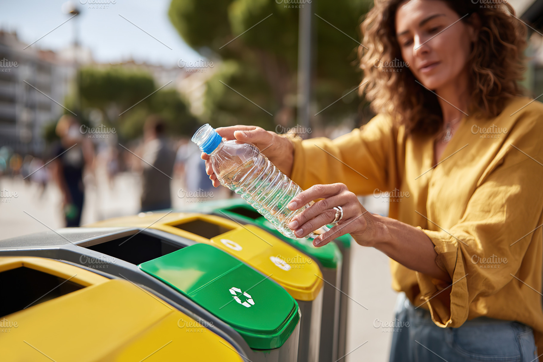 Placing plastic bottle into recycling bin in an urban park environment, a Photo by AlyaAnd
