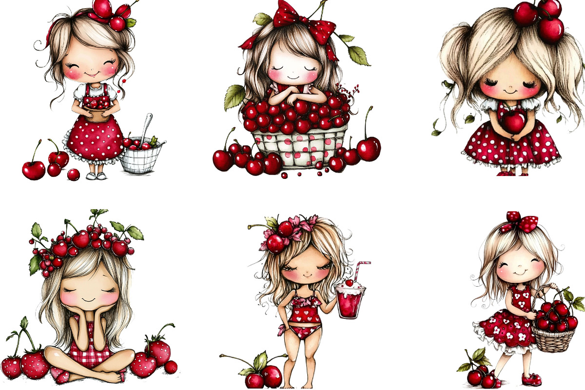 Watercolor Cherry Girls Clipart, a Person Illustration by Designking (Photo 2 of 5)