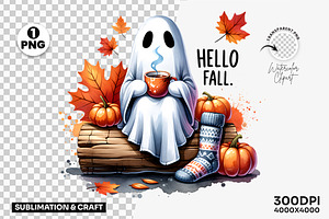 Hello Fall Ghost Pumpkin Clipart PNG, a Seasonal Illustration by Creative Arslan