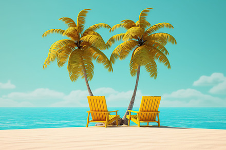 Illustration of deck chairs on sandy beach near palm tree. Generative AI, a Nature Photo by AlyaAnd