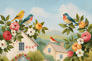 Colorful birds and blooming flowers surrounding charming cottage, a Decorative Illustration by Studio ANNA