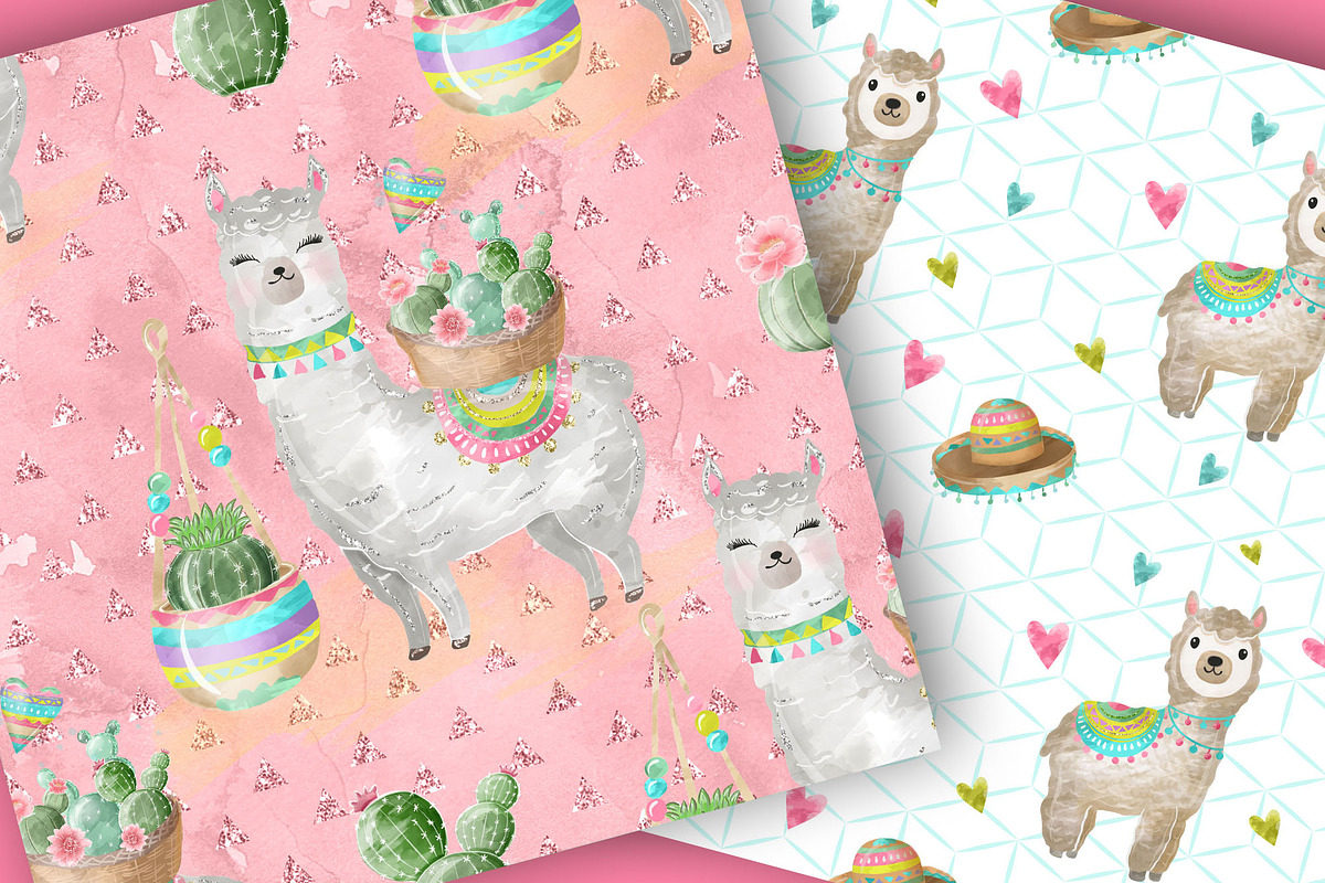 Cute Llamas digital paper pack, a Pattern Graphic by designloverstudio (Photo 4 of 7)