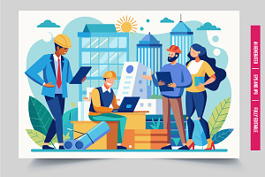 Workers review city blueprints, an Illustration by Tanuart