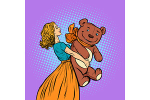 Young Woman And Bear Gift. Birthday