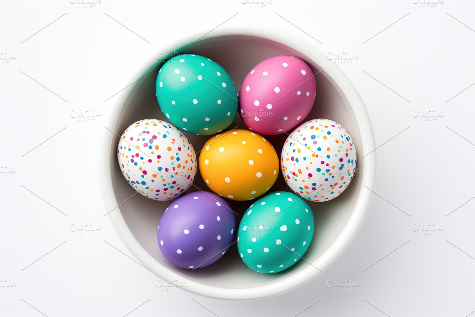 Colorful easter eggs in bowl on white background, a Holiday Photo by AlyaAnd