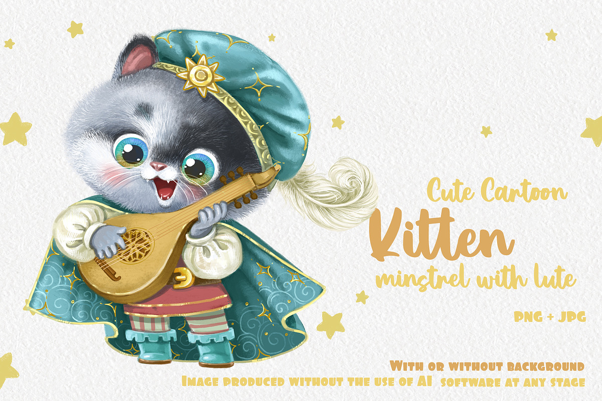 Cute kitten with lute, an Animal Illustration by Azuzlikus (Photo 1 of 3)