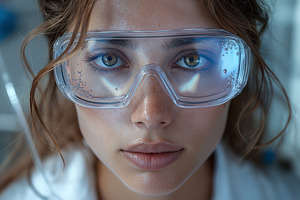 Close-up of a young woman with long brown hair wearing protective goggles in a, a Person Photo by ImageMir