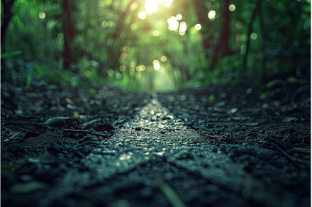 Trail leading through a green forest, a Nature Photo by Ylivdesign