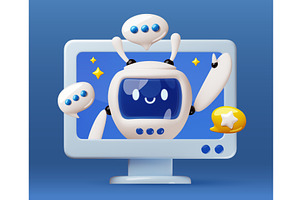 3d cartoon robot helps from monitor, a Technology Illustration by YummyBuum