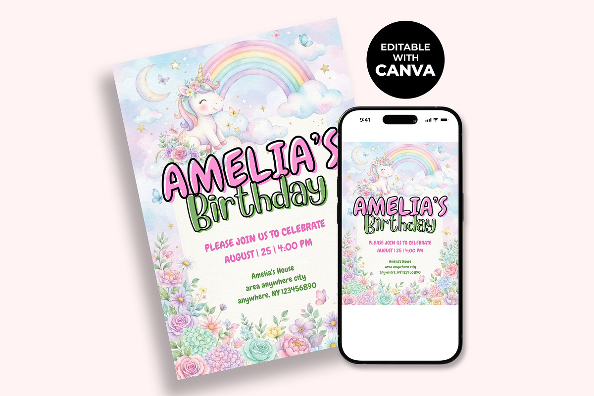 Unicorn Birthday Invitation Template, an Invitation Template by M9 Design (Photo 2 of 4)