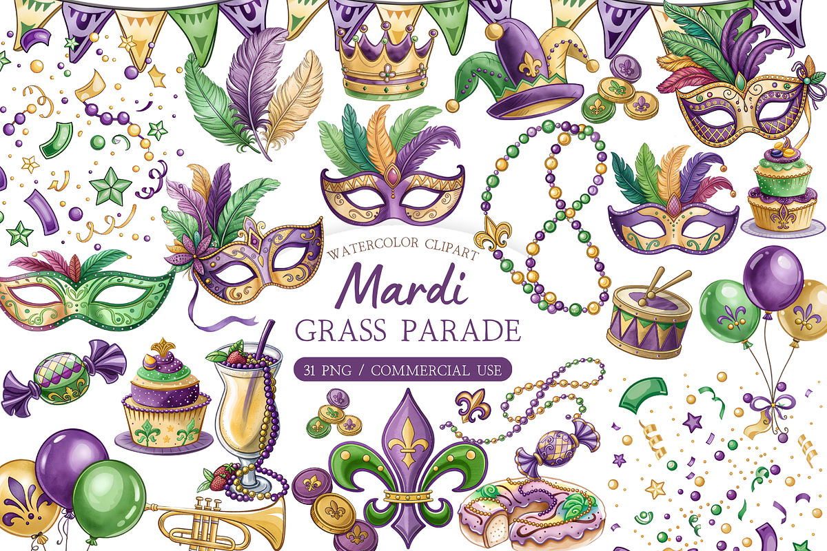 Watercolor Mardi Gras Clipart Bundle, an Illustration by MockupWizard (Photo 1 of 4)