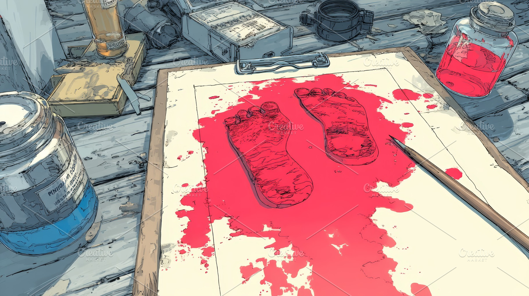 Crime scene footprint outline with red blood stain on clipboard surrounded by f, a Photo by AS photostudio