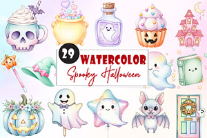 Cute Pastel Spooky Halloween Clipart, an Illustration by Watercolor design