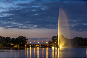 Fountain and Lombardsbrucke in Hamburg, Germany, an Architecture Photo by Leonid Andronov