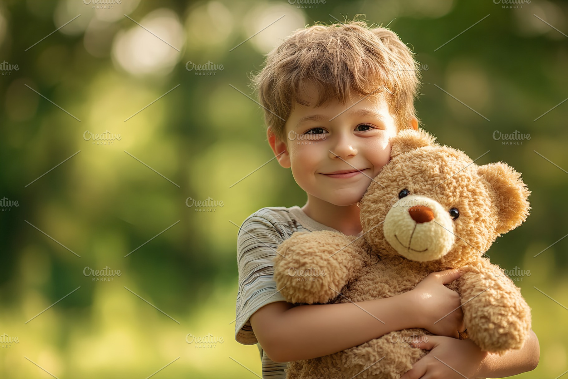 Young boy embraces soft plush bear under natural sunlight in a green outdoor se, a Person Photo by AlyaAnd