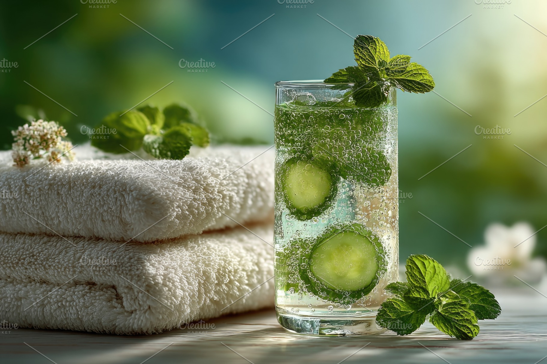 Refreshing cucumber mint sparkling water with spa towels in sere, a Beauty & Fashion Photo by José Manuel Gelpi