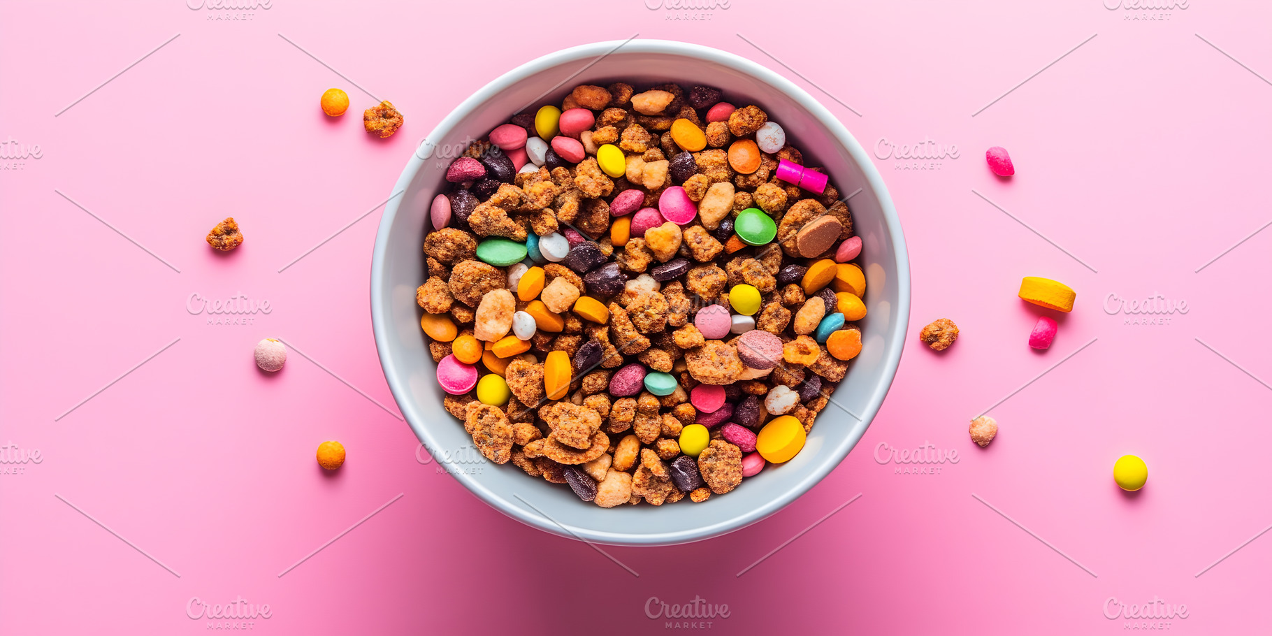 Colorful dog food with vitamins in white bowl, a Food & Drink Photo by Photostock