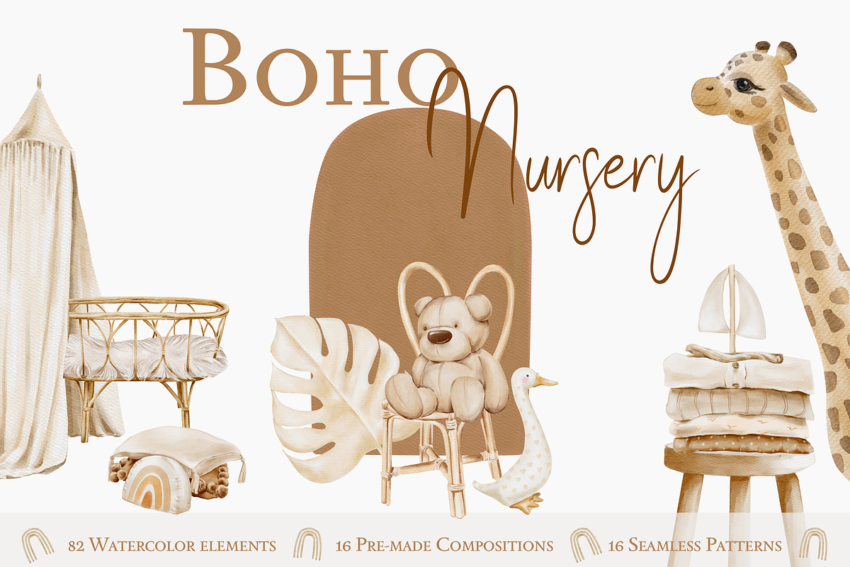 Boho Nursery Watercolor Clipart, an Animal Illustration by NikiArts (Photo 1 of 13)