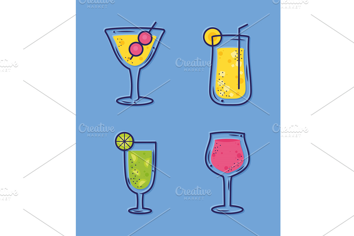 four cocktails drinks icons, a Food Illustration by studiogstock