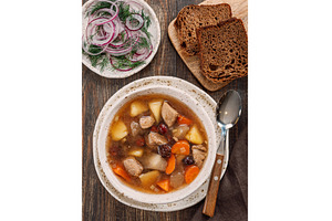 Clear soup with pork and vegetables, a Food & Drink Photo by Fascinadora