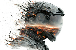 Double exposure of male astronaut with futuristic helmet and cos, a Photo by Dvoevnore photos