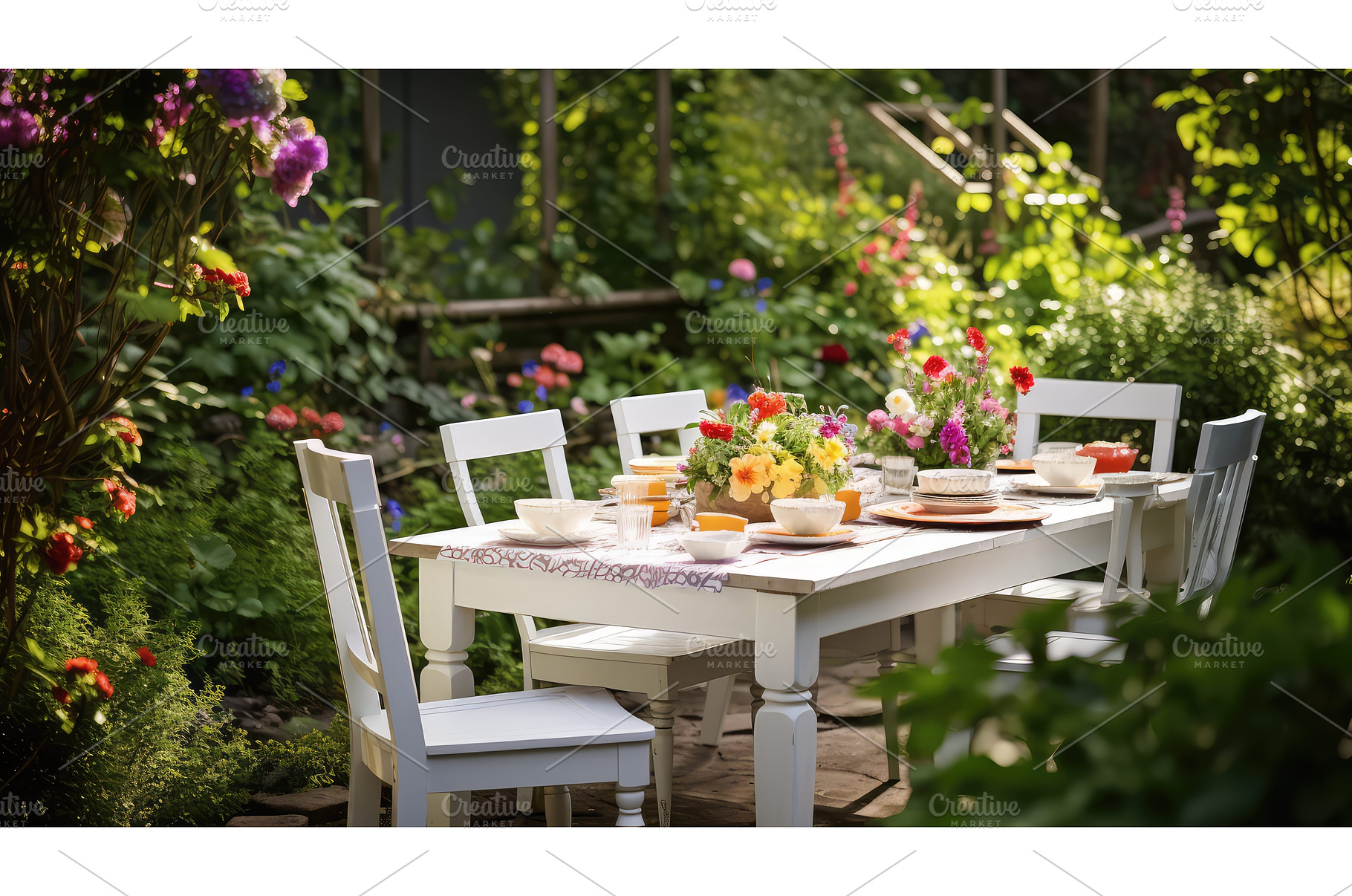 garden white wood table ai generated, a Nature Photo by pikepicture