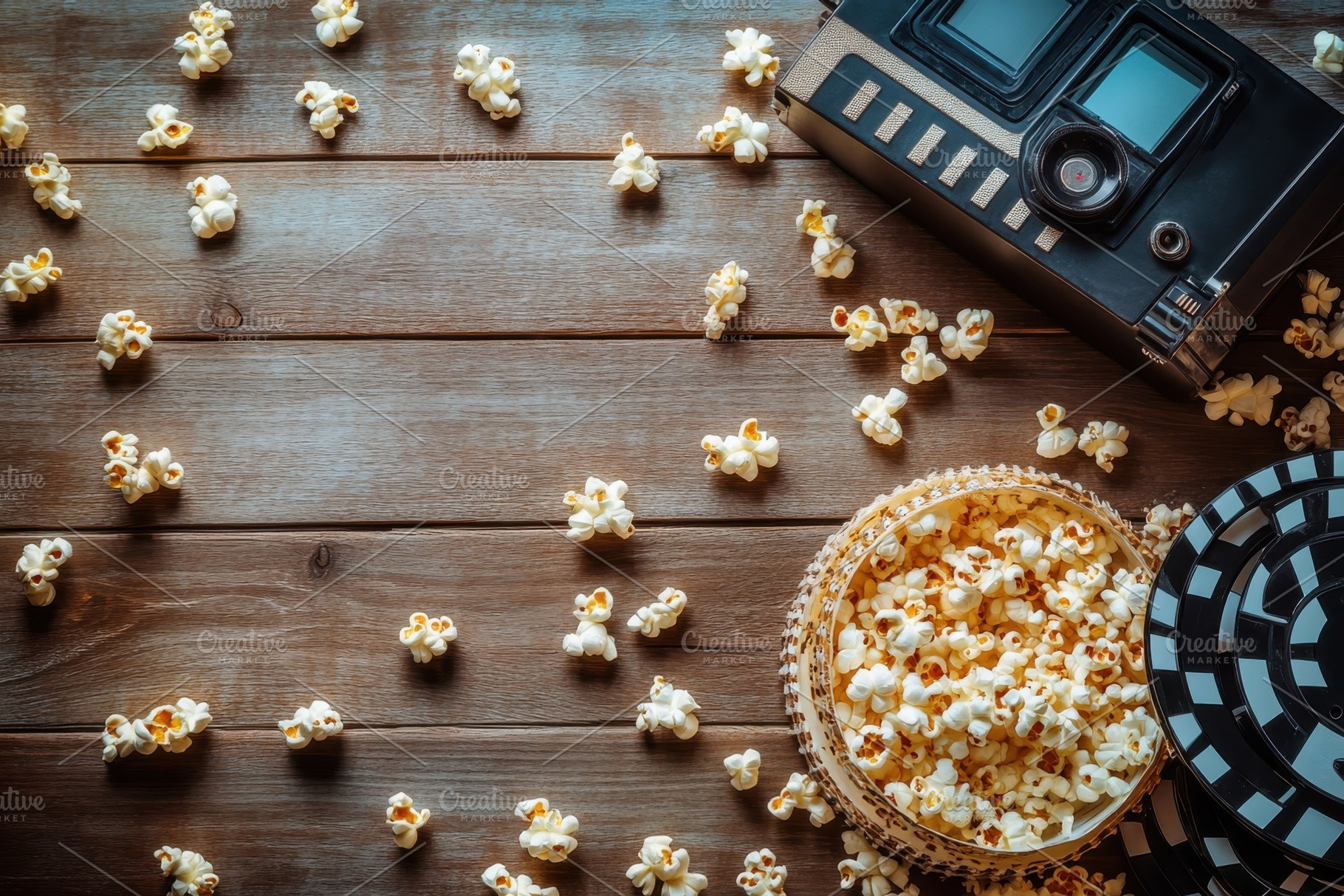 Movie night popcorn and vintage came, a Photo by Pixeness Studio