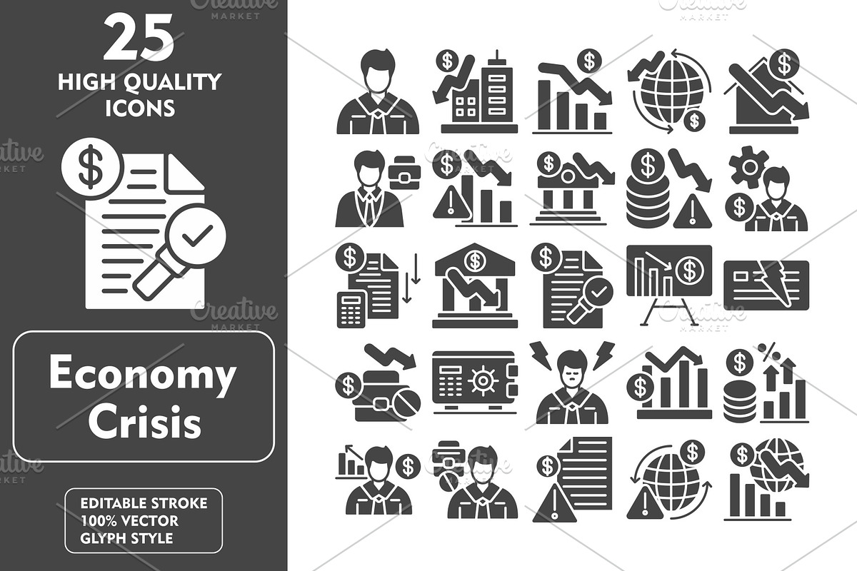 Economy Crisis 25 Glyph Icons, an Icon by Pexelpy