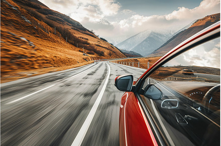 Dynamic Red Car on Scenic Mountain, a Transportation Photo by Lermont51