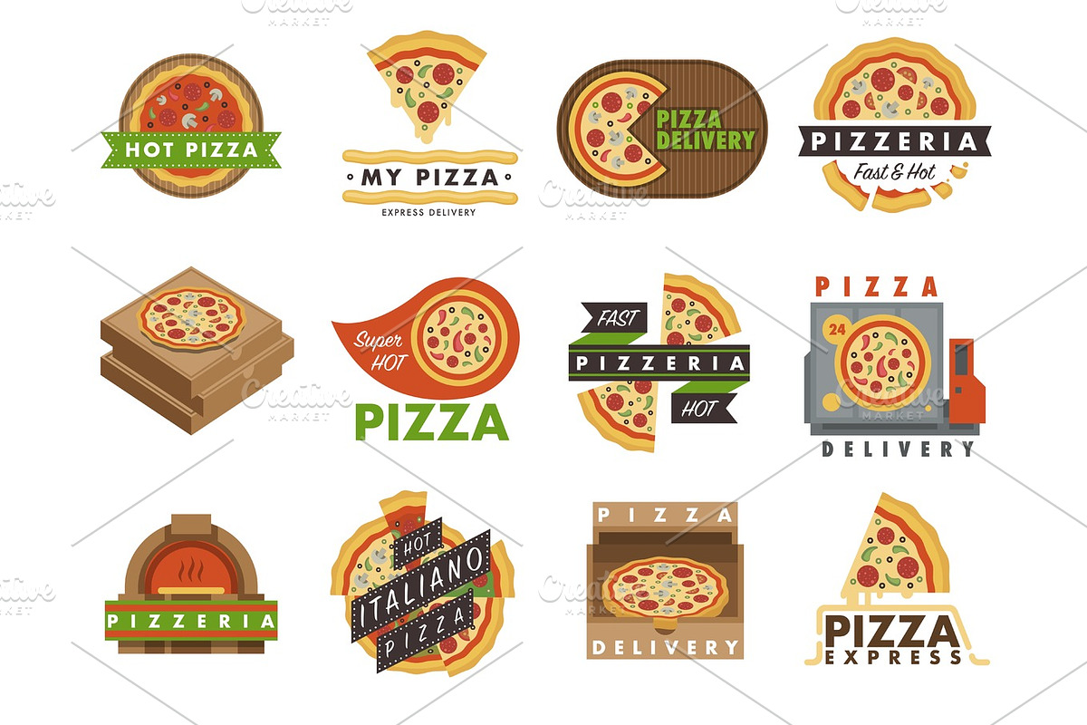 Delivery pizza logo badge pizzeria restaurant service fast food vector ...