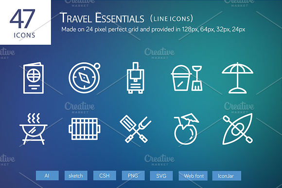 47 Travel Essentials Line Icons
