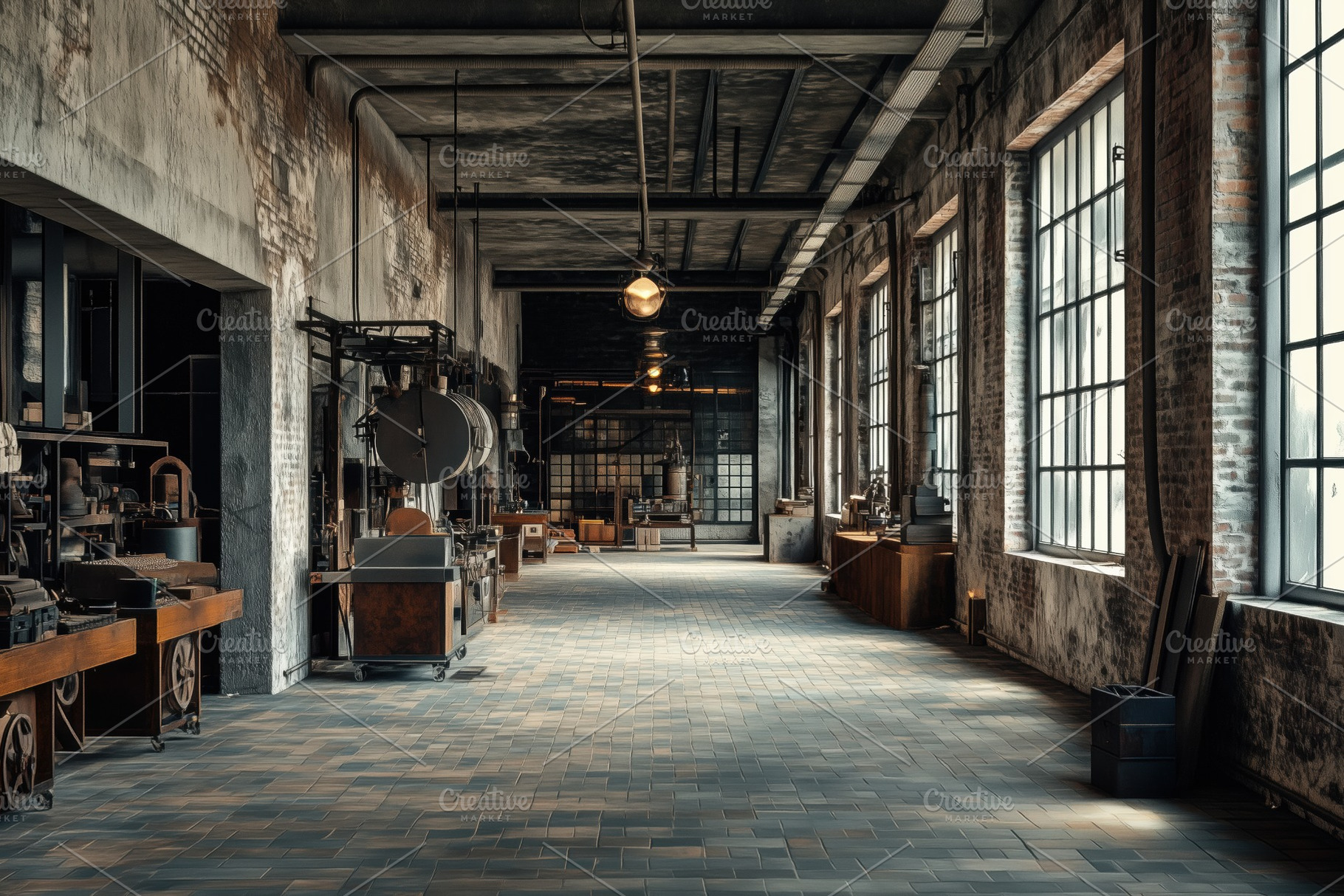 A spacious Industrial interior design style workshop with large windows, expose, an Arts & Entertainment Photo by Textures & Backgrounds