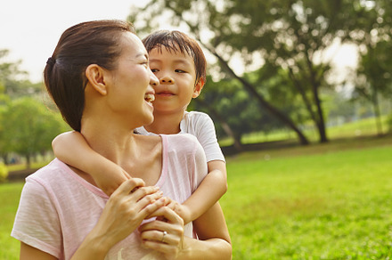 Asian family mom and boy