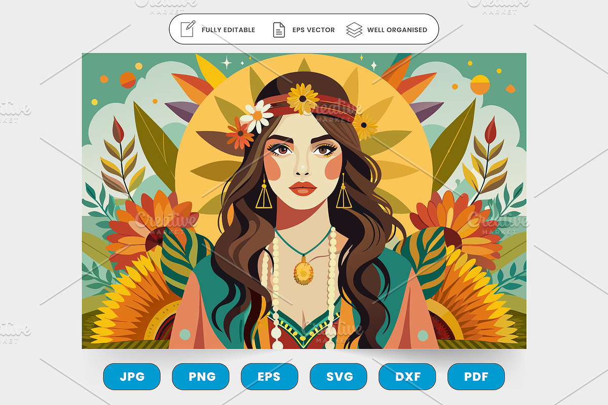 A woman wearing a floral headpiece a, a Graphic by SaroStock