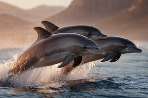 Dolphins leap gracefully above ocean surface during sunset, an Animal Photo by OSORIOartist