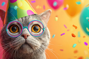 Cute gray cat wearing party hat and glasses, surrounded by color, an Animal Photo by Ales Munt
