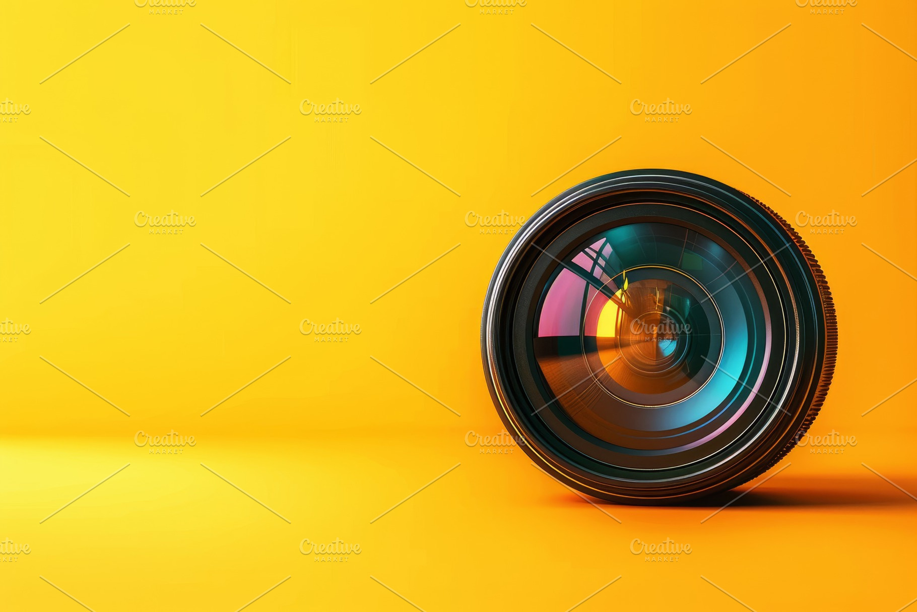 The camera lens lays on a bright yel, a Photo by Tanuart
