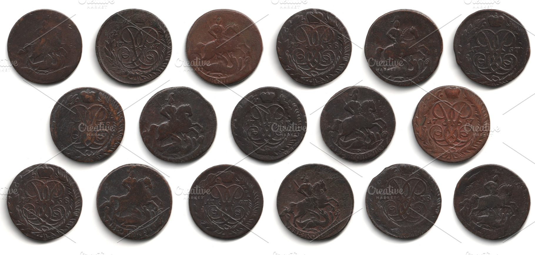 Collection of old dark copper 2 kopeck coins 1757-1762 Russian Empire Elizabeth, an Arts & Entertainment Photo by Textures & Backgrounds