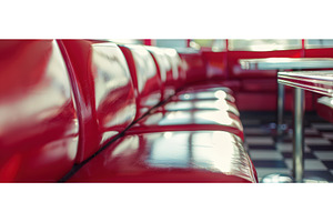 Shiny red tufted vinyl booth in, an Arts & Entertainment Photo by piter.goskov