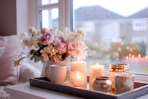 Cozy home window ledge scene with lit candles, flowers, and a mug welcoming a r, a Photo by Studio ANNA